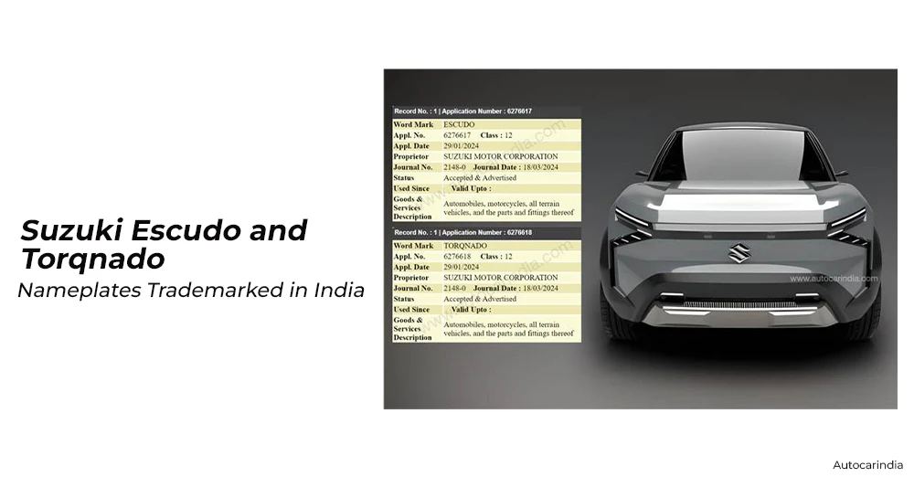 Suzuki Escudo and Torqnado Nameplates Trademarked in India